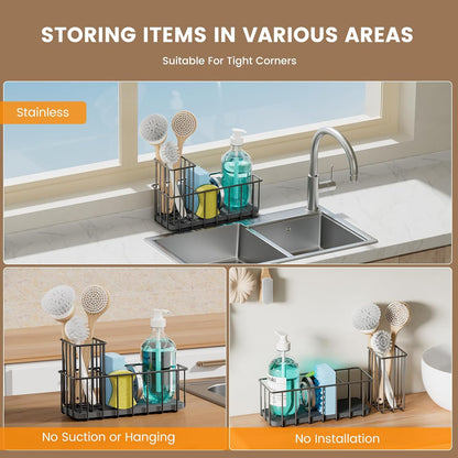 Kitchen Sink Countertop Sponge Holder - Stainless Steel Soap Caddy - Home Decor Kitchens Counter Organizer Accessories - Dish Brush Holder with Drain Rack and Tray - Organization and Storage Gadgets