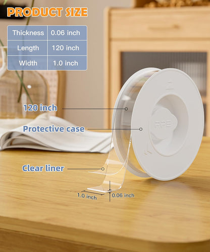 PPB Double Sided Mounting Tape, Clear Heavy Duty Nano Adhesive Tape with Protective Case, Removable Reusable Wall Tape for Home, Office, Car, Glass, Tile, Smooth Surfaces, 1 in x 10FT