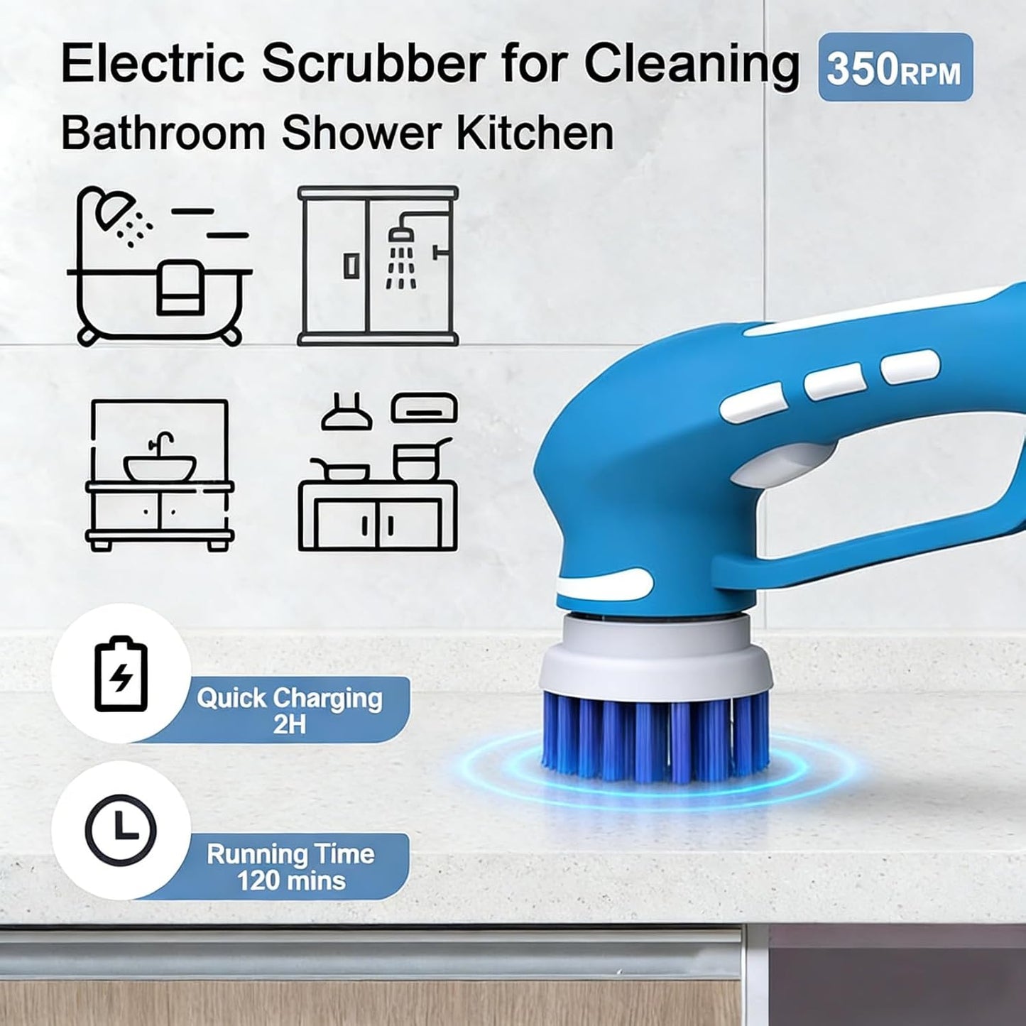 Cordless Electric Spin Scrubber with 6 Brush Heads & 2 Rechargeable Batteries, Power Scrubber for Shower Tile Grout Tub Bathroom Cleaning, IPX7 Waterproof Handheld Scrubber
