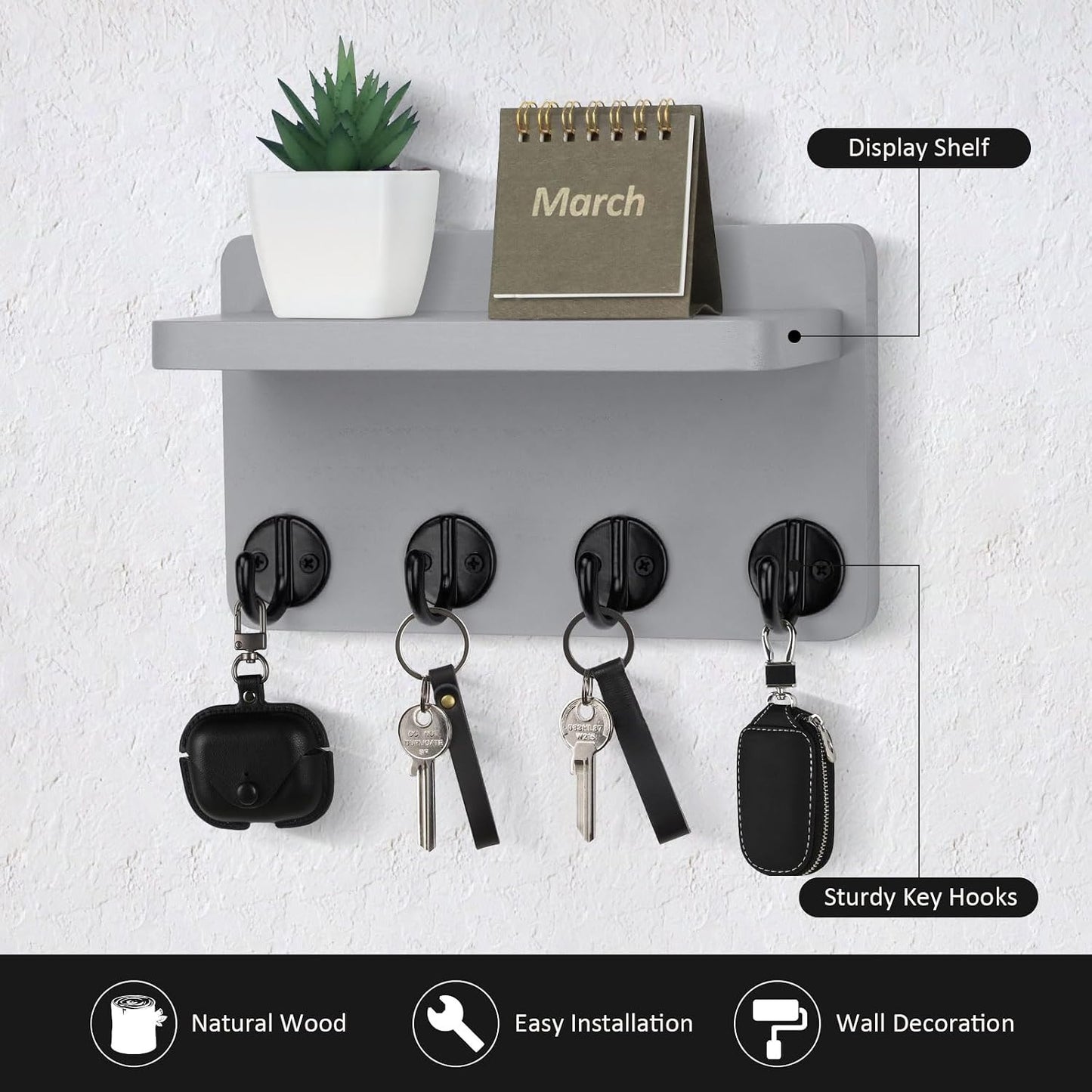 Nekon Key Holder Wall Mount, 8.5 Inch Small Home Decor Wooden Wall Organizer with 4 Hooks and Shelf, Wall Decor for Living Room Entryway Kitchen (Brown)