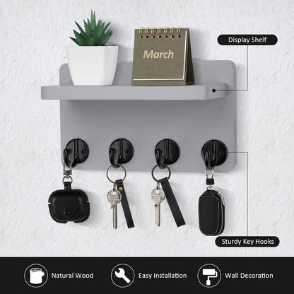 Nekon Key Holder Wall Mount, 8.5 Inch Small Home Decor Wooden Wall Organizer with 4 Hooks and Shelf, Wall Decor for Living Room Entryway Kitchen (Brown)