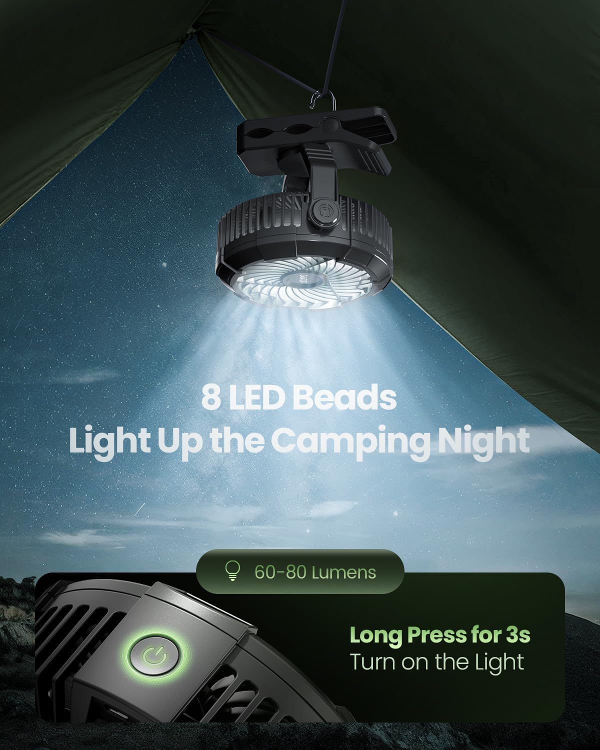 Gaiatop Portable Camping Fan with LED Lantern, 360°Rotation and Clip on for Desk, USB Rechargeable Battery Powered, Digital Display and Hanging Hook for Tent Outdoor Travel Bedroom Black