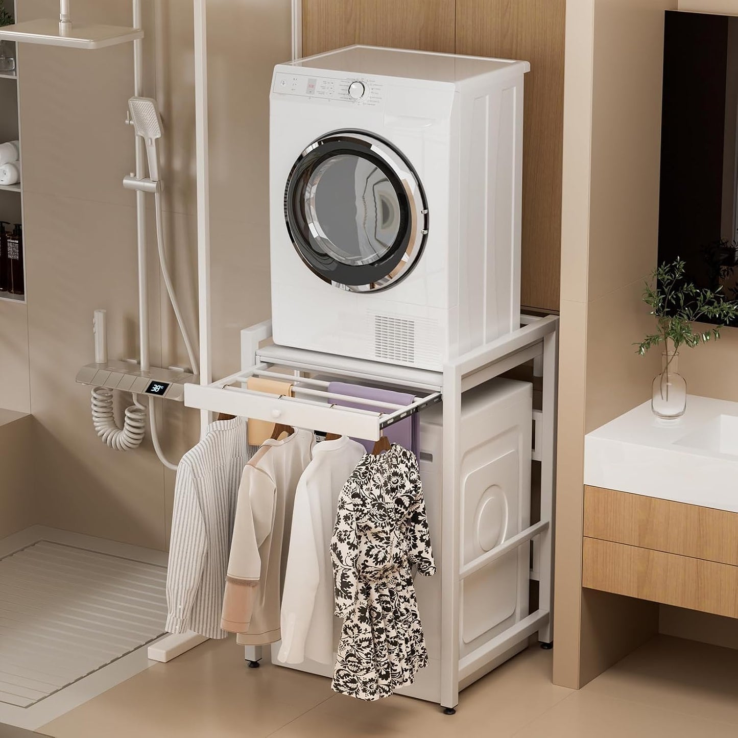 Tumble Washer Dryer Stacking Kit with Countertop - Height Adjustable Over Washer Dryer Shelves with Sliding Raill Hanger,Metal Frame Washing Machine Storage Rack for Home Bathroom Commercial (White)