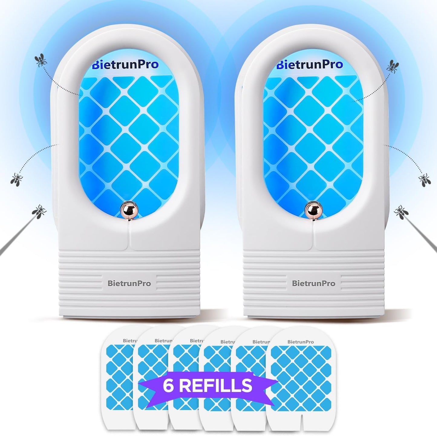 Indoor Fruit Fly & Gnat Traps Plug-in - UV/Blue Light Insect Trap with 2 Devices+6 Refills, Safe & Odorless Flying Insect Catcher for House/Kitchen/Office - Get Rid of Mosquitoes, Moths, Gnats