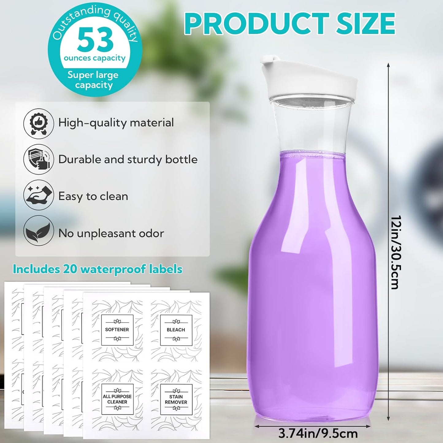 VZZNN 4 Pack Laundry Bottles 53oz Plastic Liquid Detergent Dispenser with 20 Label Laundry Room Organization for Liquid Powder Bleach Scent Booster Beads Soap Fabric Softener