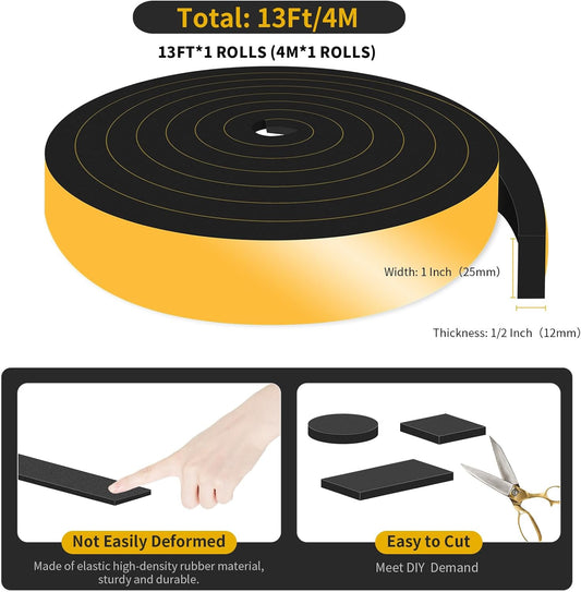 Weather Stripping Door Seal,Weather Stripping,Soundproof,Cold Insulation,High Density CR Foam Insulation Tape for Door, Front Door Frame, Windows,Sliding Door (Black, 1/2 in x 1/4 in x 13Ft) - Colors B