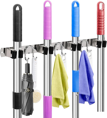 Broom Holder Wall Mount, Stainless Steel Mop Hanger with 4 Slots 6 Hooks, Tool Storage Wall Organizer for Kitchen Garden Garage Laundry Room Bathroom and RV, Black 1-Pack