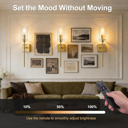 Battery Operated Wall Sconce, Glass Wireless Wall Sconces Set of Two Rechargeable with Remote Control Dimmable Wall Light for Bedroom Living Room Hallway Entryway, 3000-6500K