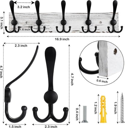 Kuhome 2pcs Coat Rack Wall Mount Wooden Hat Rack for Wall Hooks Pine Real Wood Plank 16.9" Brown Coat Hanger with 5 Triple Hooks for Hanging Coat Hat Jacket