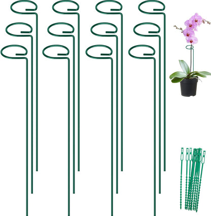 FEED GARDEN 16 Inch 12 Pack Plant Support Stakes, Metal Garden Flower Stakes and Supports for Outdoor Plants, Plant Stem Support with 24 Twist Ties for Amaryllis Lily Rose Peony Tomatoes Gladiolus