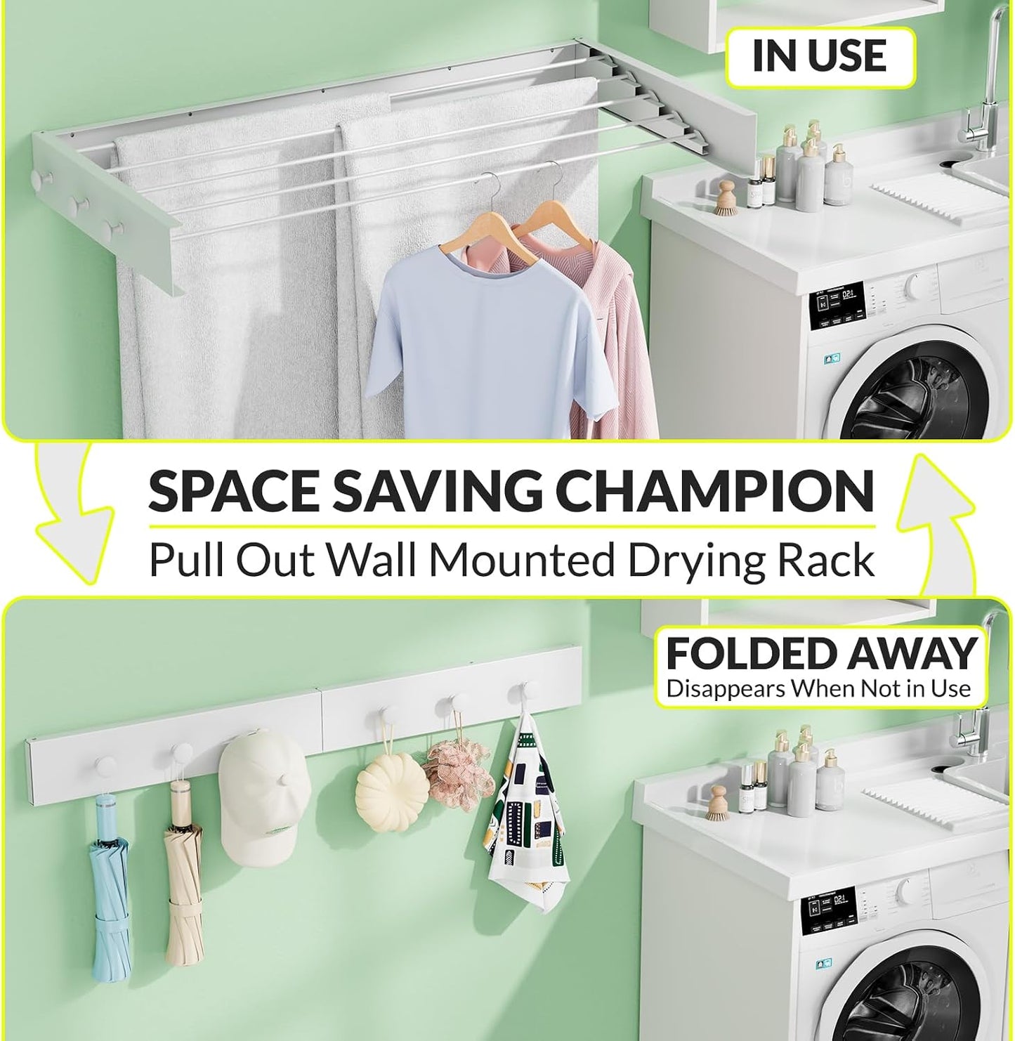 Wall Mounted Drying Rack, 23.6" Retractable Clothes Drying Rack, Heavy Duty 60LB Capacity with 4 Stainless Steel Rods, Foldable Laundry Rack for Indoor Laundry Room, Balcony & Bathroom