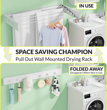 Wall Mounted Drying Rack, 23.6" Retractable Clothes Drying Rack, Heavy Duty 60LB Capacity with 4 Stainless Steel Rods, Foldable Laundry Rack for Indoor Laundry Room, Balcony & Bathroom