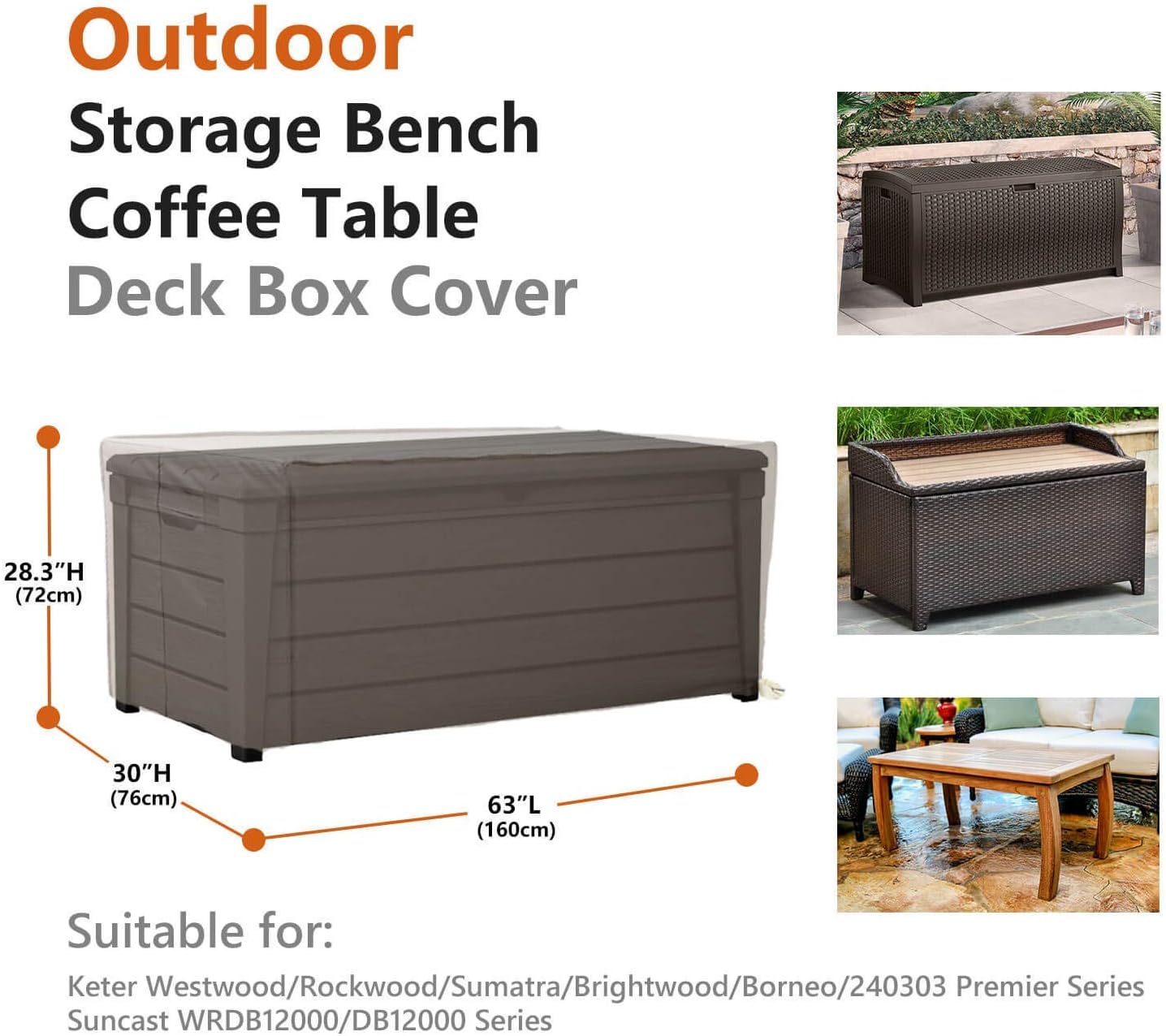 Patio Deck Box Cover, 63x30 Inch Fire Pit Covers with Straps and Handles, Waterproof Heavy Duty Outdoor Furniture Winter Cover for Keter, Suncast, Lifetime Container