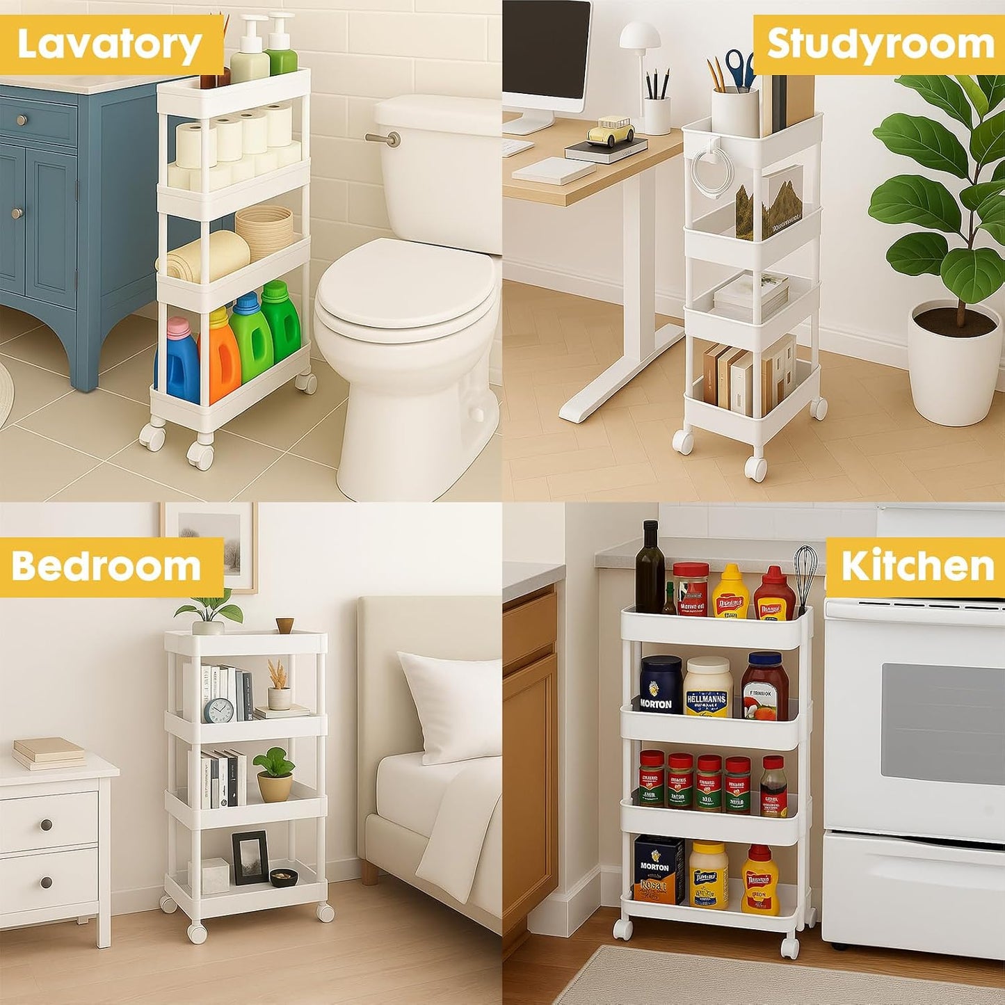 ShellKingdom 4 Tier Bathroom Storage Organizer, Slim Rolling Storage Cart for Narrow Space, Mobile Shelving Unit with Lockable Wheels and Hooks for Bathroom, Kitchen, Laundry Movable Shelf (Green)