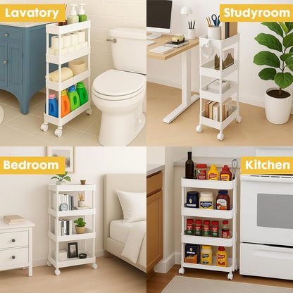 ShellKingdom 4 Tier Bathroom Storage Organizer, Slim Rolling Storage Cart for Narrow Space, Mobile Shelving Unit with Lockable Wheels and Hooks for Bathroom, Kitchen, Laundry Movable Shelf (Green)