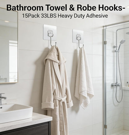 15-Pack Large Adhesive Hooks Heavy Duty 33 lbs - Transparent Waterproof Wall Hooks for Towels & Robes, No Damage