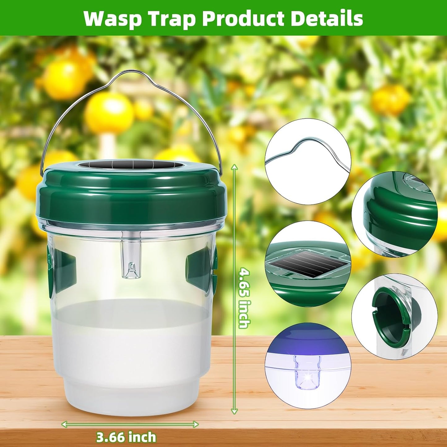Solar Wasp Trap Outdoor Hanging, 4 Pack Wasp Trap Catcher Yellowjacket Trap Hornet Wasps Killer with UV LED Light Reusable Carpenter Bee Traps for Outside, Garden, Backyard, and Orchard