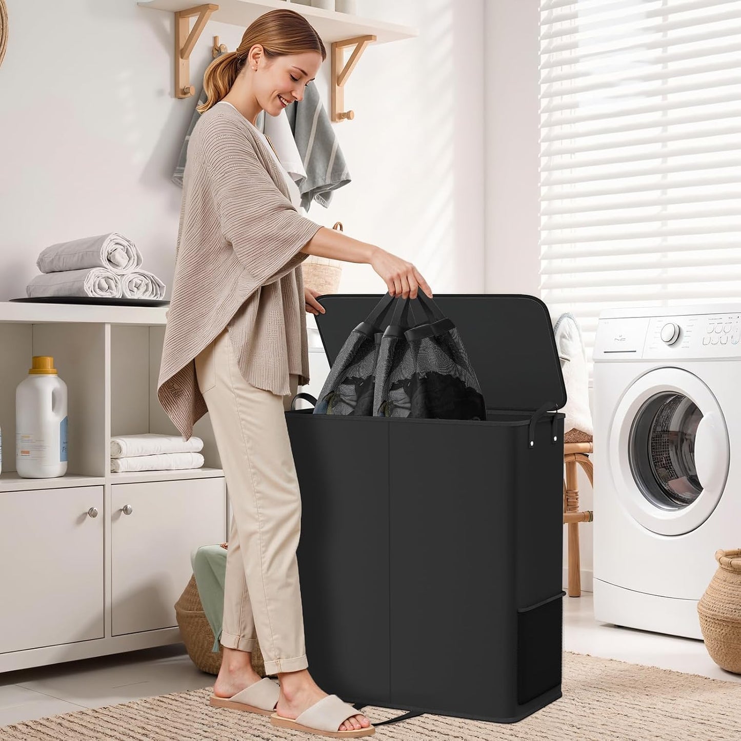 Large Double Laundry Hamper with Lid, Removable Bags & Reinforced Handles, 2 Section Tall Laundry Basket, Dirty Clothes Hampers for Laundry Room, Bedroom, Bathroom, Dorm, 136L, Gray