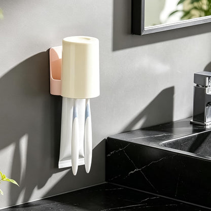 2 PCS Self-Adhesive Toothbrush Holders Wall Mounted, Water Proof Toothbrush Hook, 3 in 1 with Toothbrush Hanger Toothpaste Holder and Gargle Cup Holder for Bathroom Shower (White)