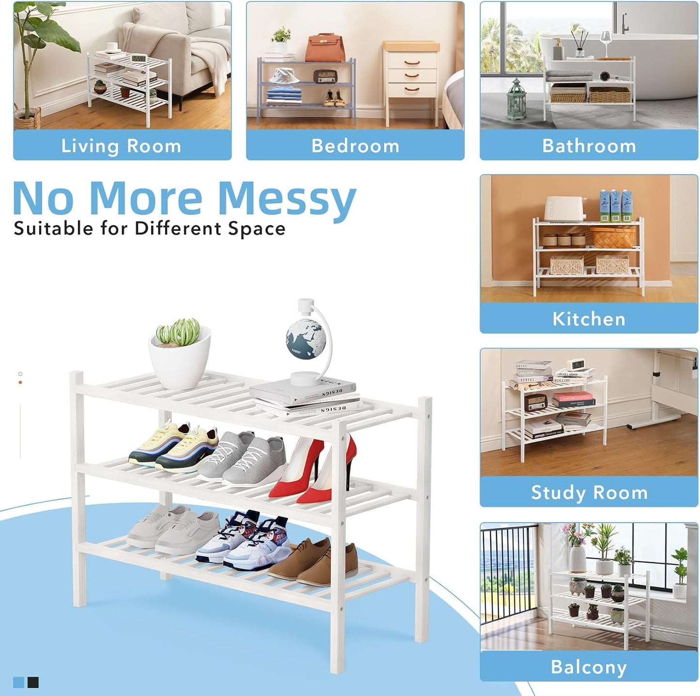 4 Tier Bamboo Shoe Rack Storage Organizer for Closet, Multifunctional Stackable Free Standing Shoe Shelf Organizer for Small Space,Entryway, Hallway, Bathroom27 x11 x26(White, 4 Tier)