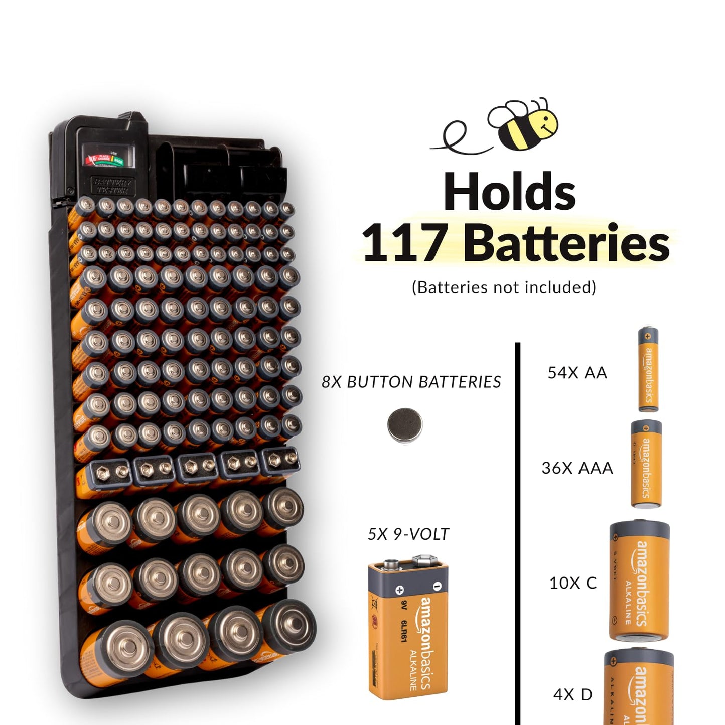 Bee Neat Hanging Battery Organizer with Tester - Battery Storage Box for Wall or Drawer - New & Improved Slanted Slot Design - Max. 117 Batteries AA, AAA, 9Volt, C, D & Button Batteries