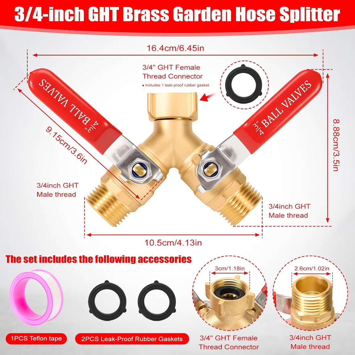 Hose Splitter 2 Way, 3/4 Inch GHT Thread Y Valve Connector with Stainless Steel Long Handle, Full Flow Garden Brass Hose Splitter for Outdoor Watering, Irrigation, Washing