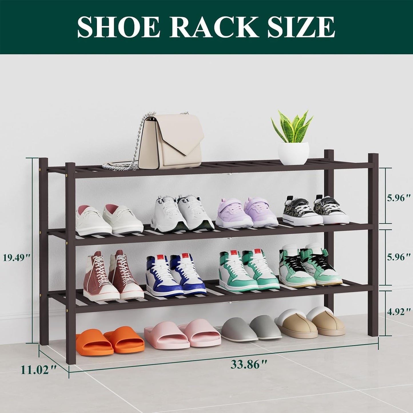 Smiry Bamboo Shoe Rack, 3 Tier Free Standing Wooden Shoe Organizer, Stackable Wood Shoe Storage Shelf for Closet, Entryway, 12 Vertical Slats, 2+1 Stack Standard Legs, 26.8"x11"x19.5", Natural