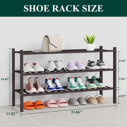 Smiry Bamboo Shoe Rack, 3 Tier Free Standing Wooden Shoe Organizer, Stackable Wood Shoe Storage Shelf for Closet, Entryway, 12 Vertical Slats, 2+1 Stack Standard Legs, 26.8"x11"x19.5", Natural