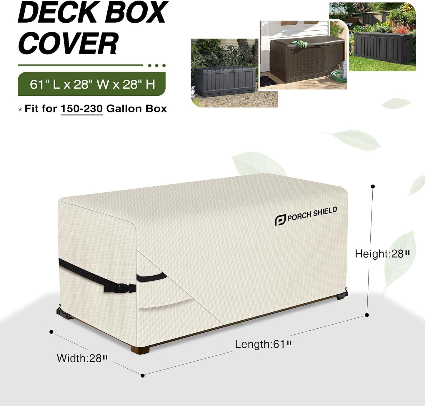 Porch Shield Patio Deck Box Storage Cover - 600D Outdoor Waterproof Cover for 150-230 Gallon Box Tear Resistant Rectangular Fire Pit Table Covers 62 x 29 x 28inch Black
