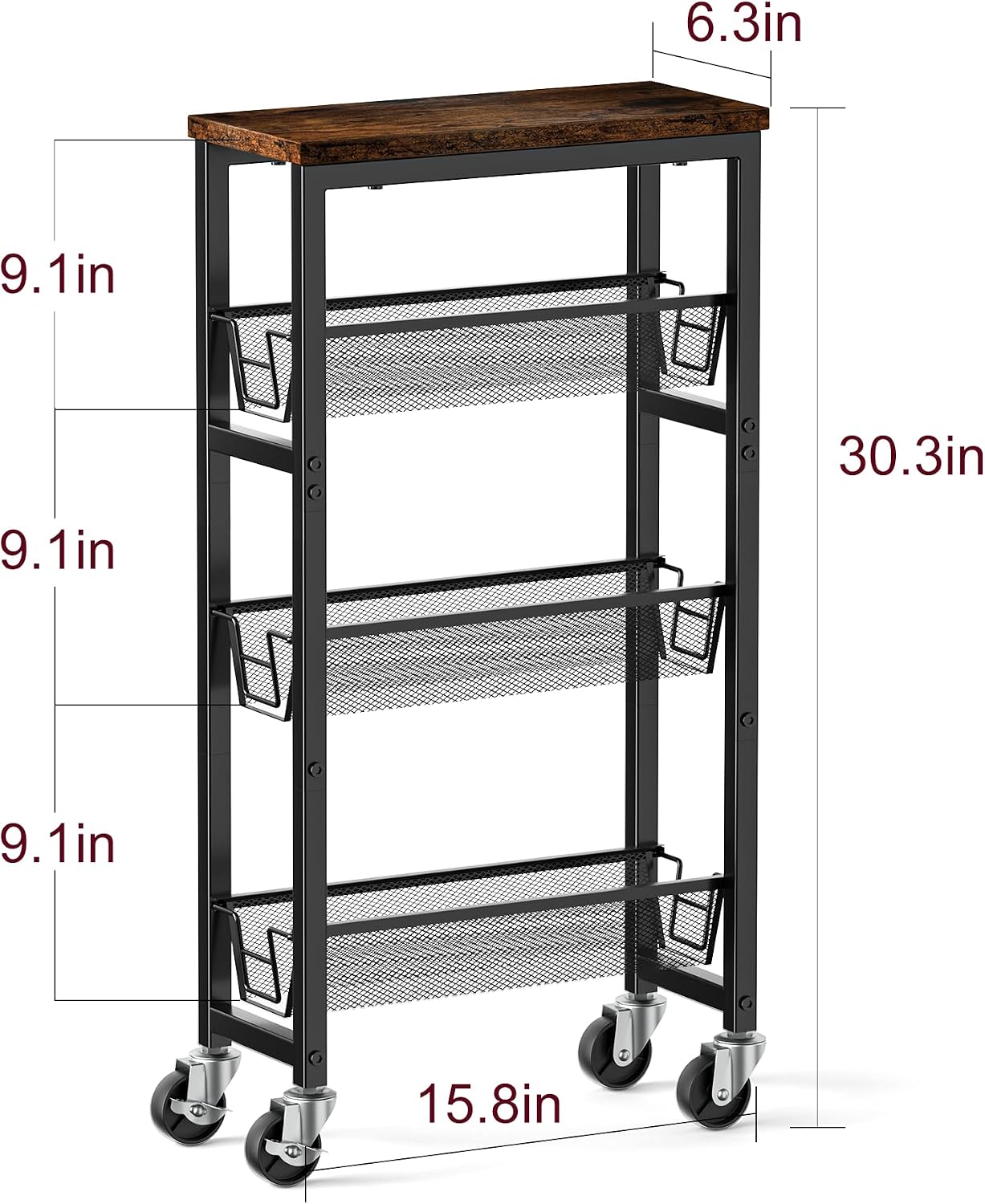 Honest Slim Storage Cart 4-Tier Slim Rolling Cart with Metal Frame and Wooden Top, 6.3 Inches, Storage Cart for Kitchen, Dining Room, Living Room, Bathroom, Home Office, Rustic Brown and Black