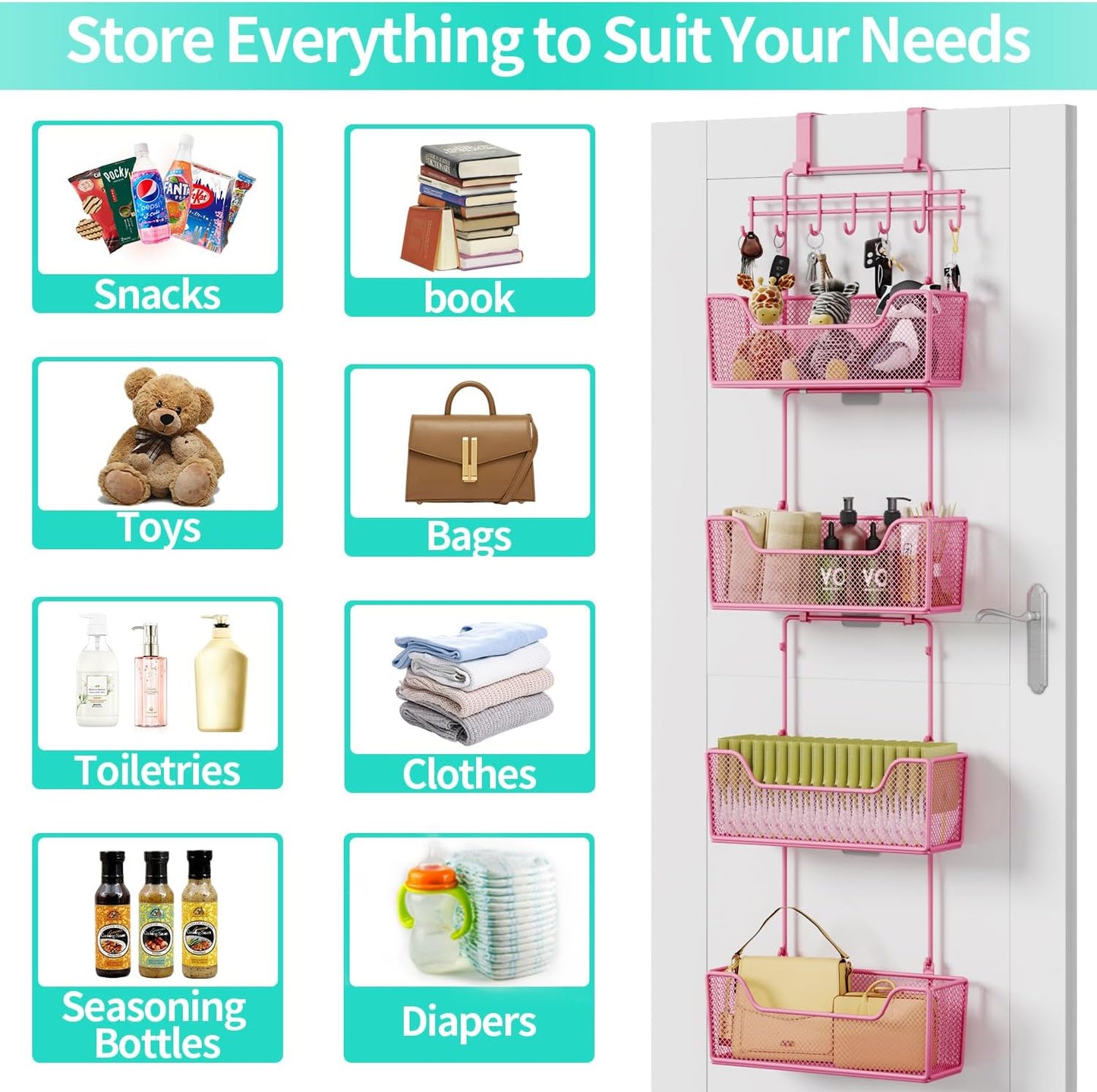 HapiRm Over The Door Organizer - Hanging Door Organizer with 4 Metal Large Capacity Baskets and Adjustable Coat Hook for Bathroom Bedroom Kitchen Pantry Closet Cabinet