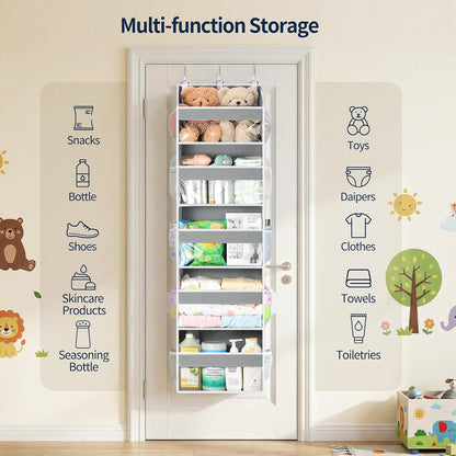 Yecaye Over the Door Organizer 5 Tiers, Heavy Duty Hanging Storage with 5 Large Clear PVC Pockets and 10 Side Pockets, 56lbs Capacity for Closet Door Bathroom Bedroom Nursery Dorm Laundry Room, Grey