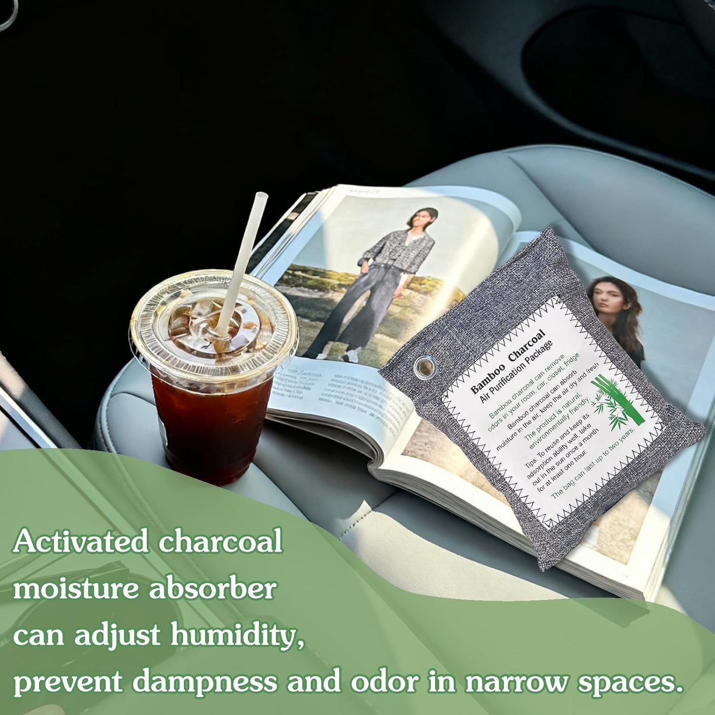 Bamboo Charcoal Air Purifying Bag, Activated Charcoal Odor Absorber Moisture Absorber Car Fresheners Odor Eliminator for Home Car Closet Refrigerator Shoe Smell Remover Gym Bag Deodorizer, Green
