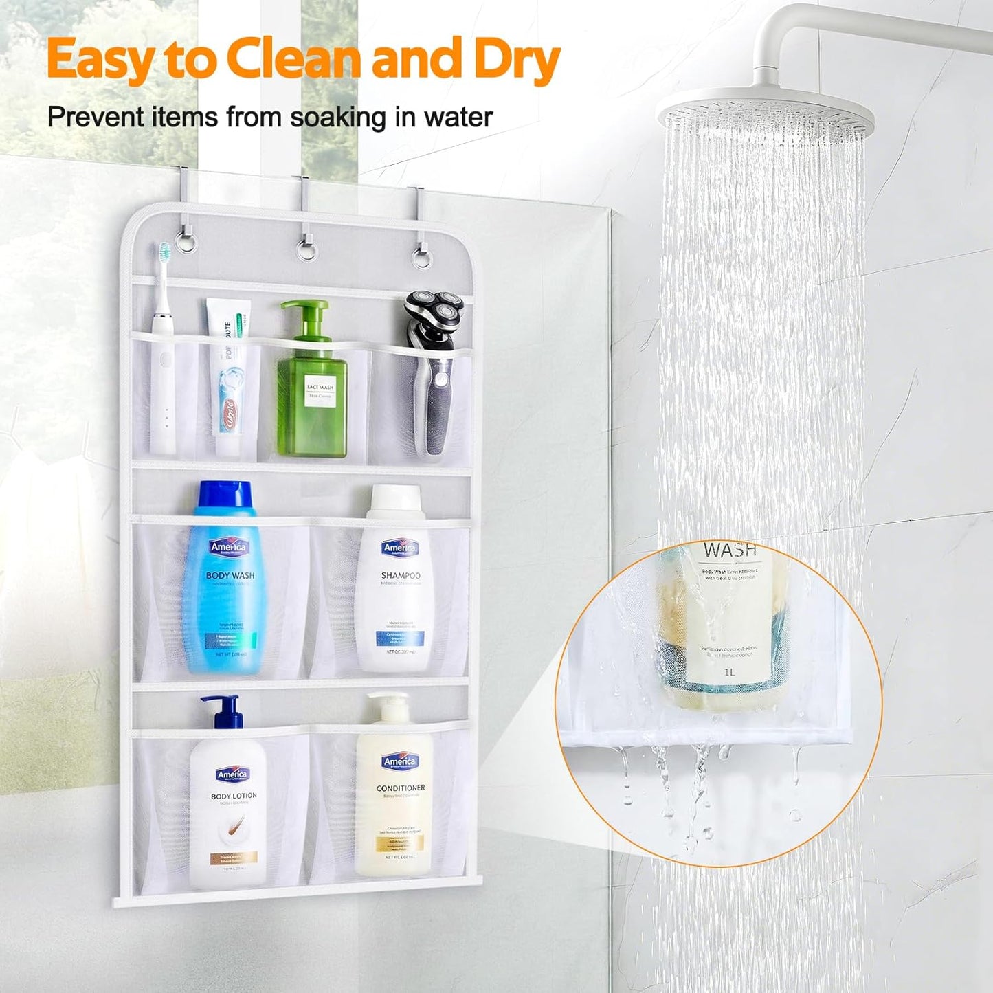 MISSLO Hanging Mesh Pockets Hold 340oz/1000ml Shampoo Shower Organizer with Over the Door Hooks