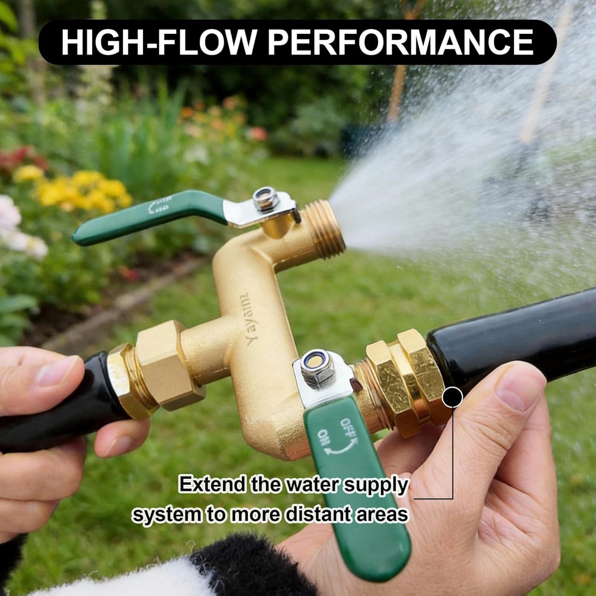 Garden Hose Splitter, 3/4” Rust and Freeze Resistant Outdoor Hose Manifold with 2 Green Extra Long Handles Faucet Adapter-Heavy Duty Brass 2-Way Valve