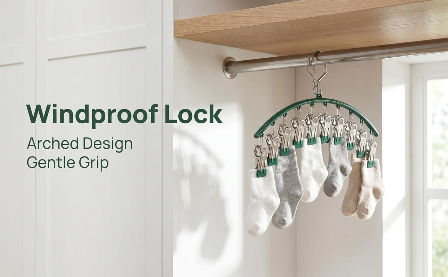 Stainless Steel Sock Drying Rack with 10 Clips 3-Pack, Windproof Laundry Hanger with Non-Slip Clips, Space Saving for Underwear Bras Socks Indoor Outdoor Use (Green)