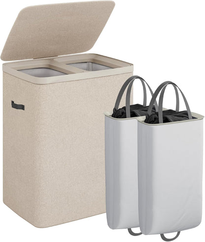 CASAMAYA Laundry Basket with Lid, Laundry Hamper 3 Section, 190L collapsible Laundry Organizer, Easy Assembly, with Handles and Removable Liners, 25.2 x 15.7 x 29.5 Inches, Beige JSP904M