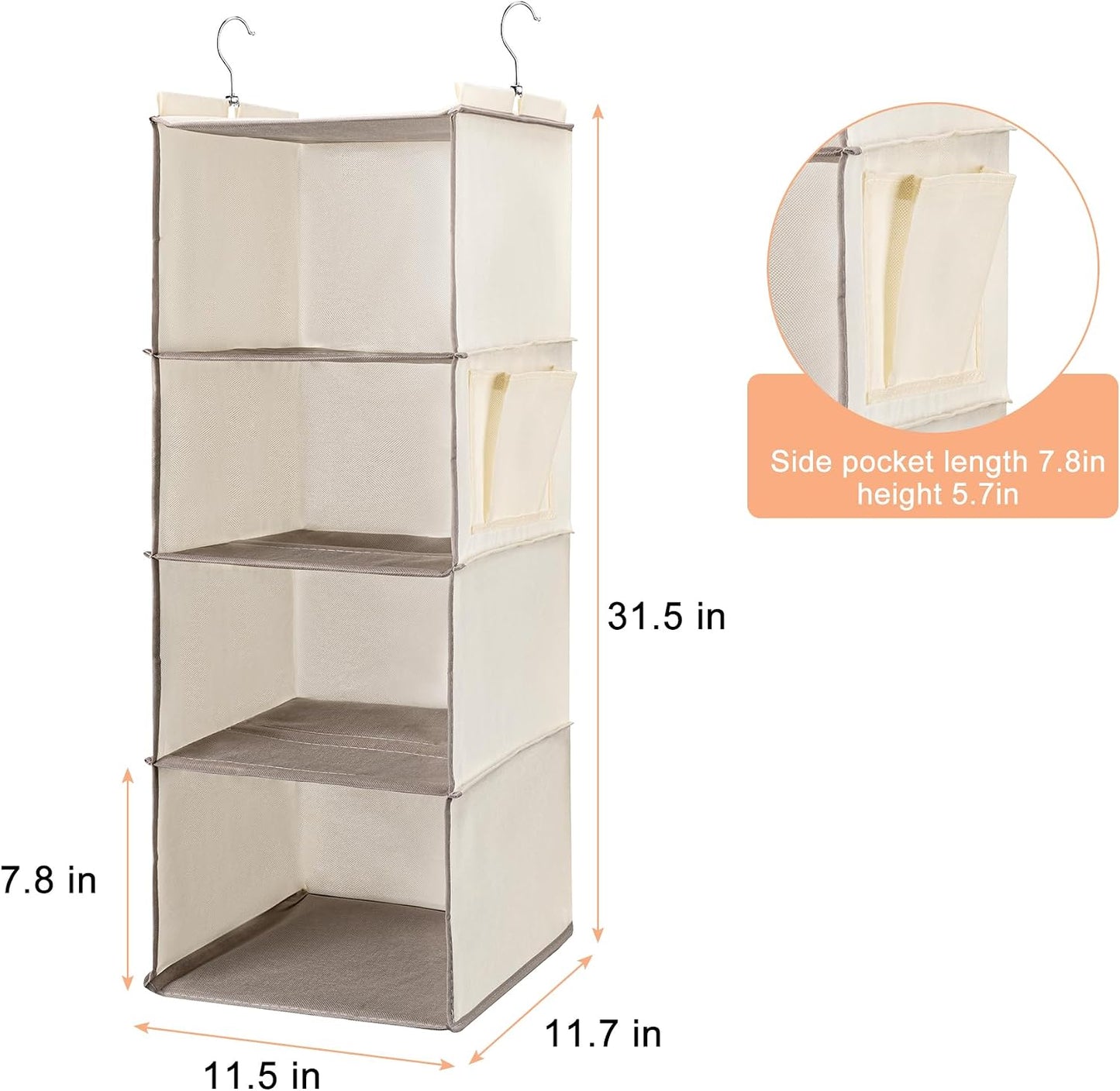 BOOMIBOO Hanging Closet Organizer and Shelves, 4 Shelves with 1 Side Pockets, Foldable, Grey Fabric, Modern Style, for Bedroom and Dorm Room (Grey)