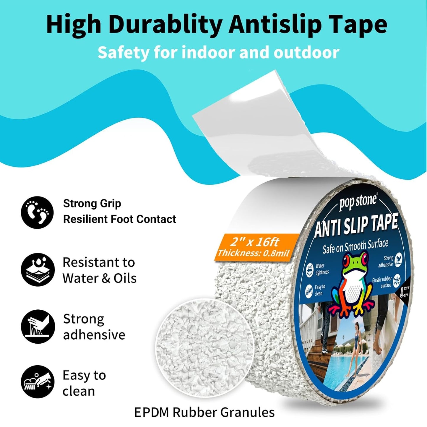 Waterproof Anti-Slip Traction Tape | 2" x16.5 FT | Heavy-Duty EPDM Rubber, Strong Grip & Barefoot Gentle | Indoor & Outdoor Solution: Poolside, Bath, Ramps, Stairs, Board Steps