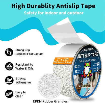 Waterproof Anti-Slip Traction Tape | 2" x16.5 FT | Heavy-Duty EPDM Rubber, Strong Grip & Barefoot Gentle | Indoor & Outdoor Solution: Poolside, Bath, Ramps, Stairs, Board Steps