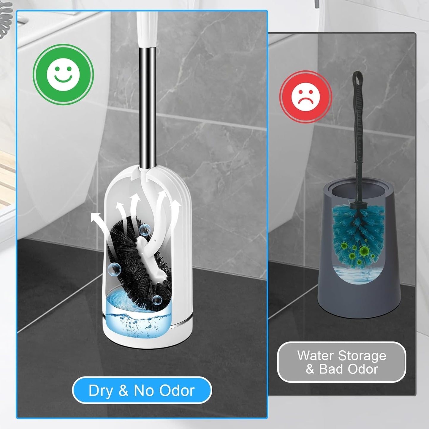 Toilet Brush and Holder Set, Curved Toilet Brush with Stainless Steel Handle, Under Rim Toilet Bowl Brush for Deep Cleaning, Drip-Proof, White