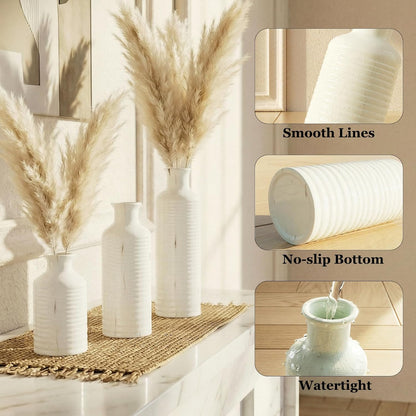 Firehold Ceramic Vase Set of 3, Rustic Farmhouse Boho Vases, Textured Country Home Decor, Small Decorative Vases for Shelves Mantel Table, Gift Set for Dried Pampas Grass & Fresh Flowers (White)