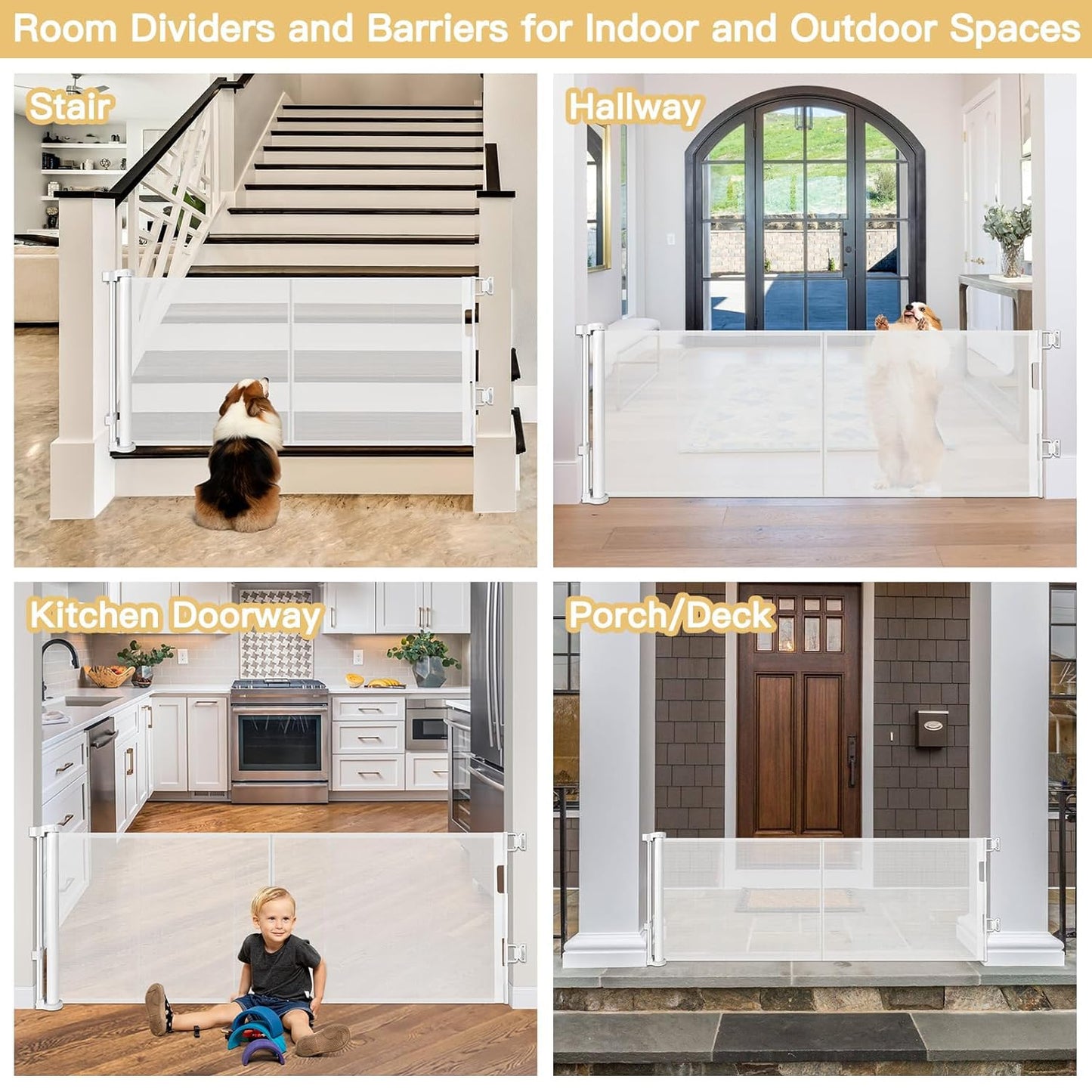 Reinforced 28-Inch Tall Retractable Baby Gates for Doorways, Walk Through Pet Gate for Stairs, Short Baby Gate with Support Rods, 55 Inch Wide Mesh Gate Retractable Gate Small Dog Gate, Gray
