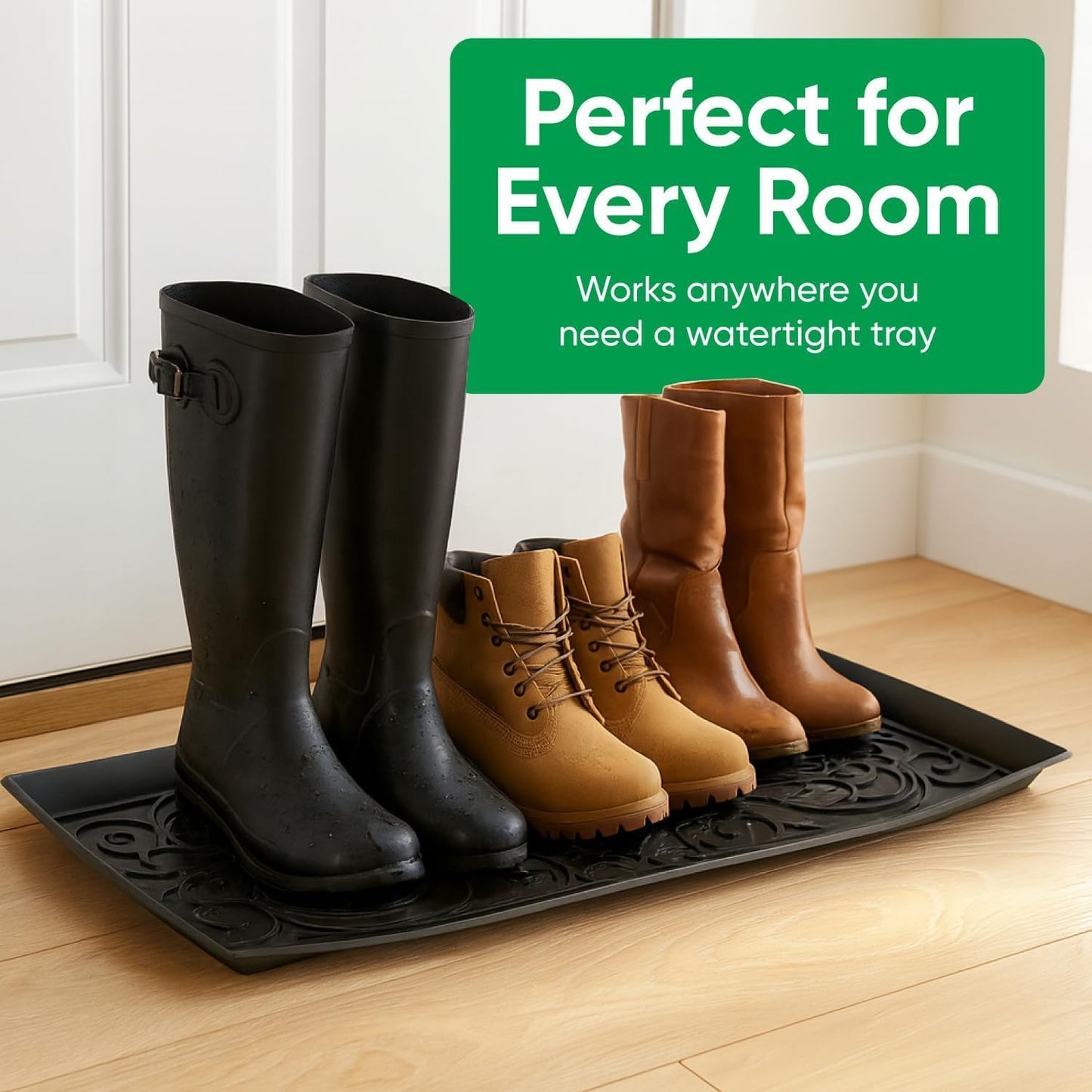 Superio Rubber Boot & Shoe Tray, 34 x 14 x 2 Rectangle, Heavy Duty, Protects Floors from Water and Dirt, Waterproof for All Weather Indoor Outdoor Use, Black (2)