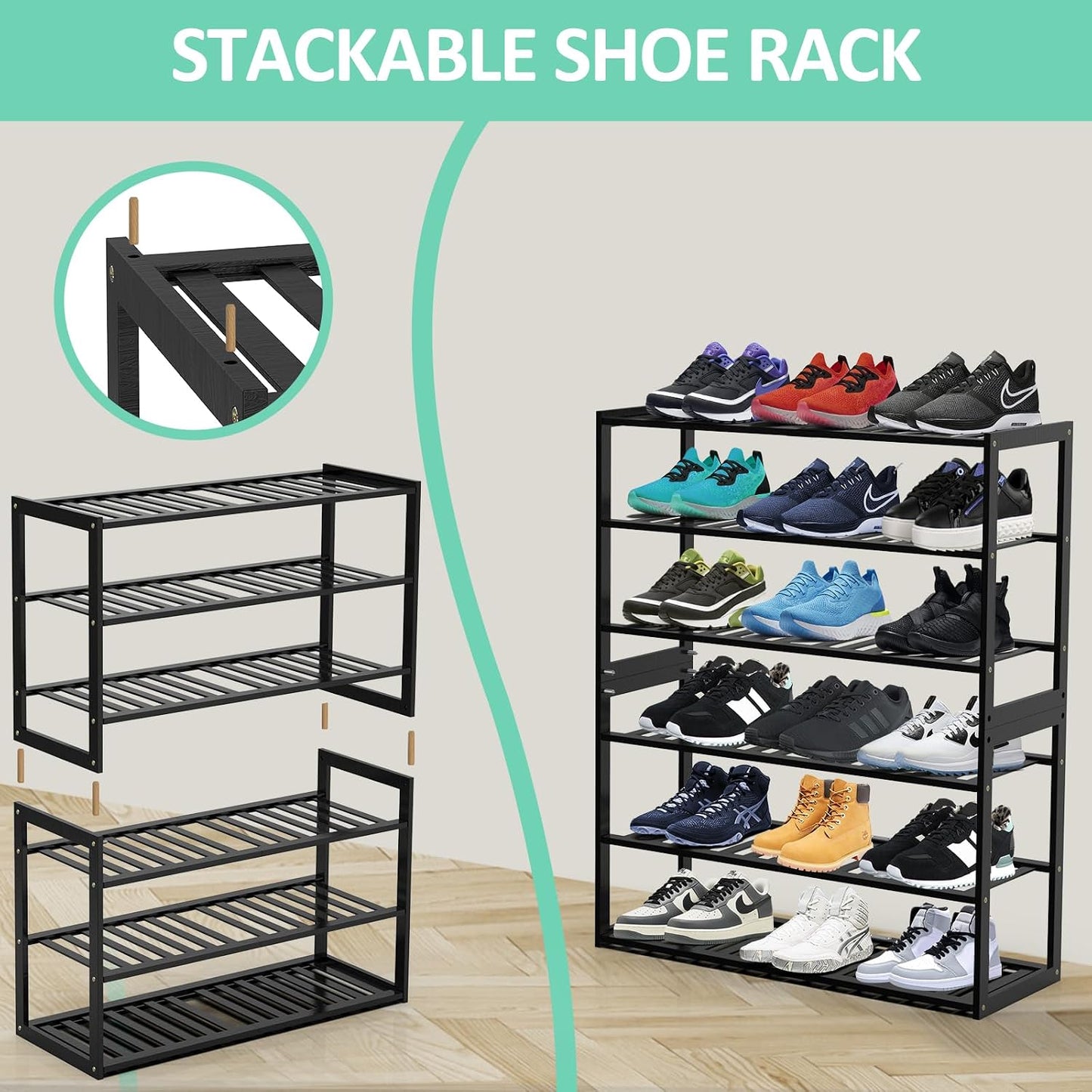Jripae 5 Tier 32.5*10.5*30.3in Bamboo Shoe Rack for Closet Entryway Bedroom | Stackable Shoe Shelf Holder for Men/Women Hallway/Garage, Bookshelf, Flower Rack, Home Space Saving