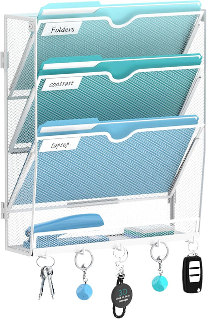5 Tier Wall File Organizer - Hanging File Organizer with 5 Hooks, Mail Holder Wall Mounted for Papers, Folders, Magazines, Bills, Office&School Organization, Black