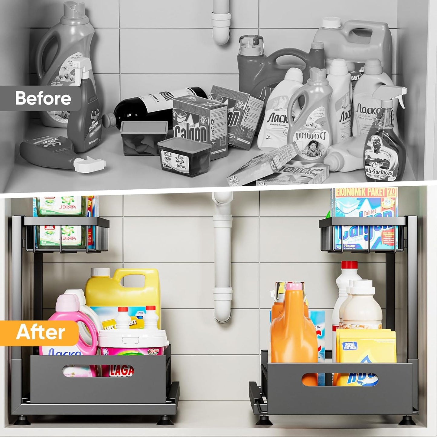 Saydear Under Sink Organizer Storage 2-Tier Premium Metal Pull-Out Kitchen Cabinet Organizer with Sliding Drawer, Height Adjustable, Heavy Duty for Kitchen & Bathroom Organizers 2 Pack Black
