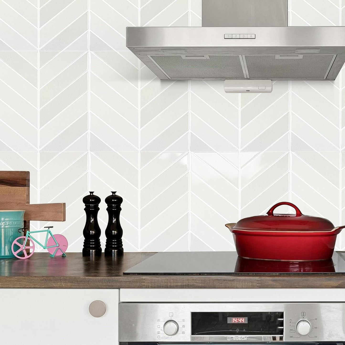 Peel and Stick Subway Backsplash Tiles, 5 Pack, 12 x 12 in, Almond | extra thick 3D wall panels, heat and water resistant wall panels, easy DIY kitchen, bathroom, laundry, fireplace wall décor