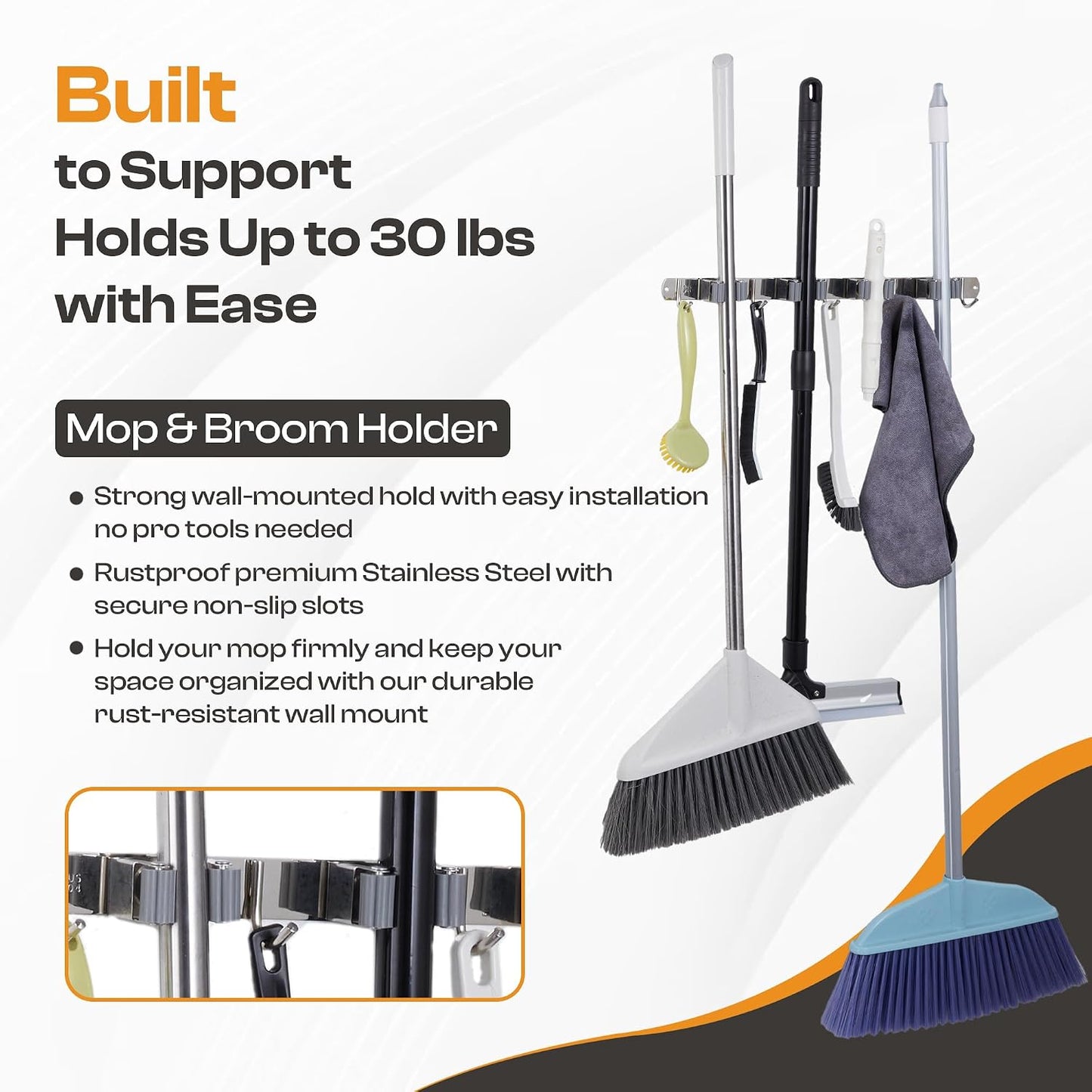 Heavy-Duty Stainless-Steel Broom Holder Wall Mount with 3 Racks and 4 Hooks | Waterproof Mop and Broom Hanger | Adjustable, Garage & Garden Tool Organizer | Black