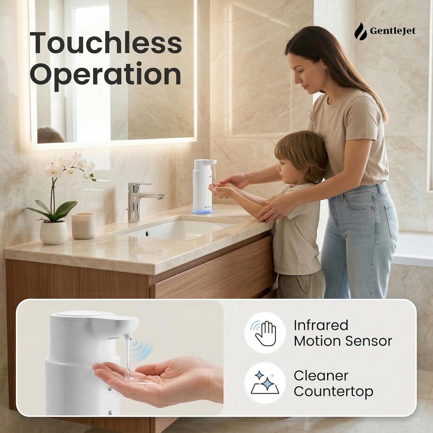 GentleJet CrystalJet Automatic Liquid Soap Dispenser – Touchless Sensor, Stainless Steel, USB-C Rechargeable, Waterproof Kitchen & Bathroom Countertop Soap Dispenser, 300 ml